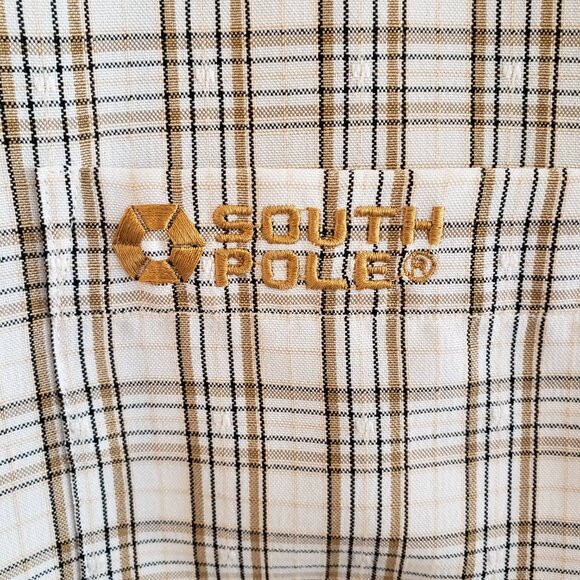 Y2K VINTAGE Southpole Mens Button Up Tan Plaid Short Sleeve Shirt Medium Preownd - Picture 4 of 9